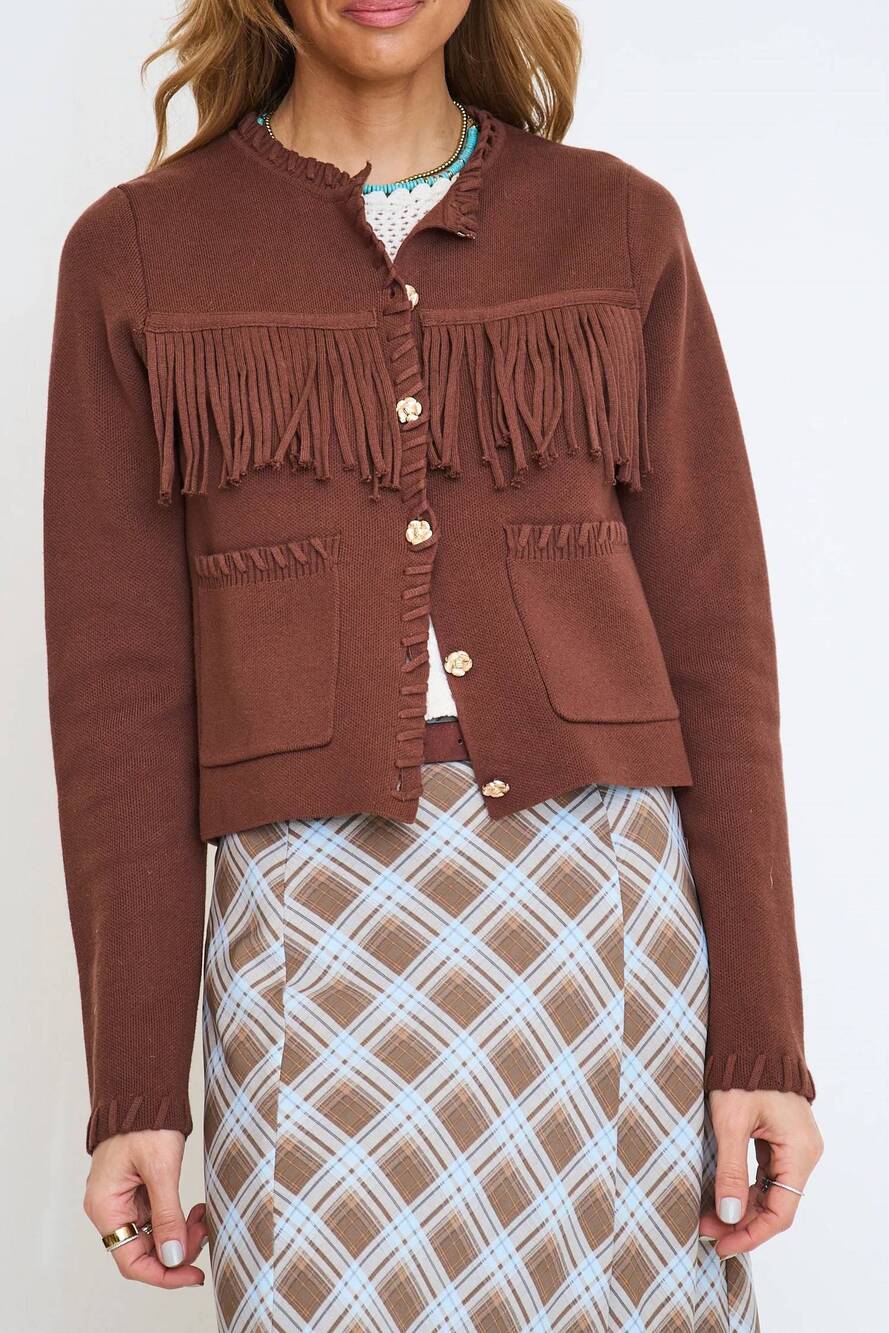 NEW RIVIR cozy fringe cardigan with pockets in brown